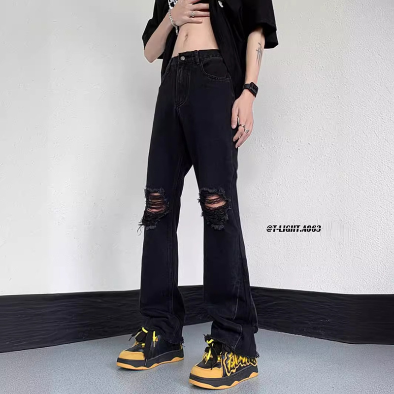 American-style Trendy West Coast Ripped Jeans Rapped Edge Micro-pants Men's Vibe Style Slim-fit Slimming High Street Pants