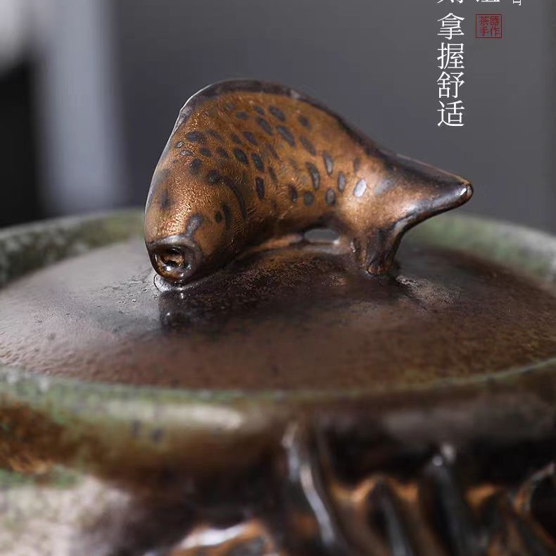 Transfronterizos de madera de bronce esmalte tetera de cerámica tetera botella de oro mano agarrar tetera retrógrada casera hecha a mano kung fu té