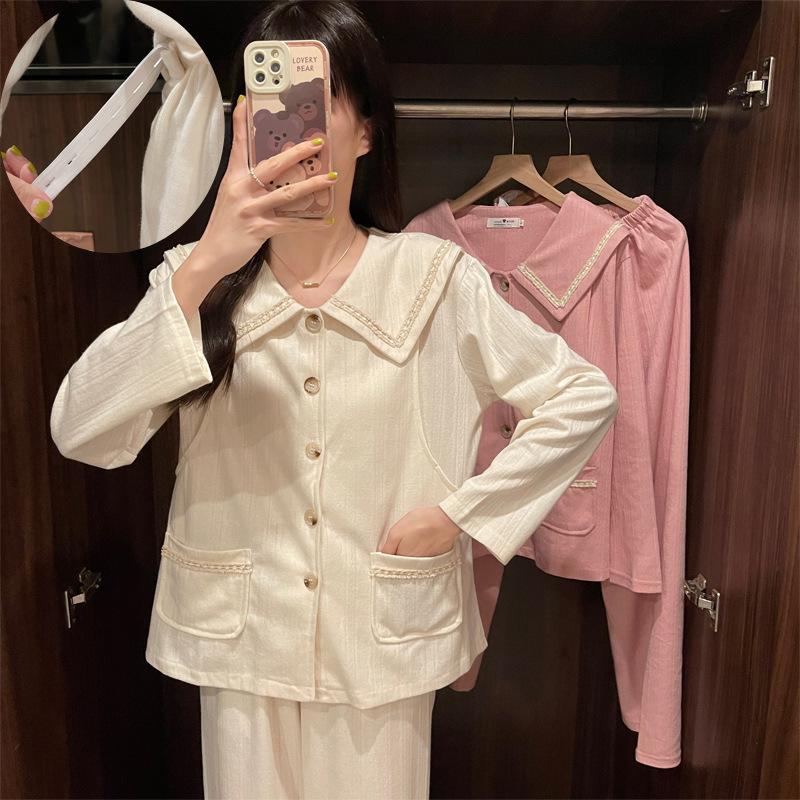 Pregnant Women Pajamas Long Sleeve Trousers Doll Collar Spring and Autumn Jacquard Combed Cotton Breastfeeding Postpartum Home Suit