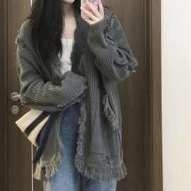 韩系宽松灰色针织毛衣开衫外套女 2025秋冬新款设计感软糯休闲上