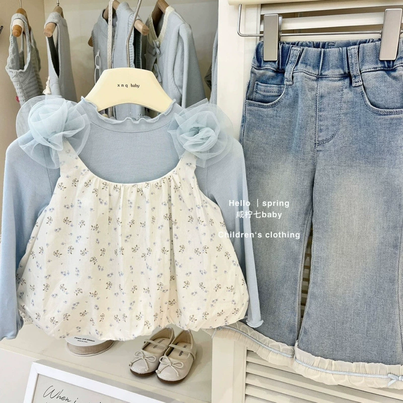 Детский костюм для девочек весна-осень 2025, новый цветочный, корейский стиль, комплект из трех предметов на бретелях