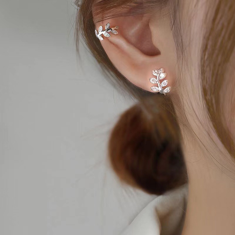 925 clip de oreja de plata esterlina estilo coreano Mori incrustado en diamantes pequeña rama dulce oreja hoja de hueso oreja joyería de oreja pendientes sin oreja