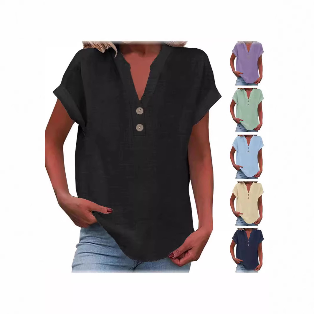 2025 European And American Summer Solid Color Stand Collar Button Short Sleeve Women's Shirt_ecoleips.com