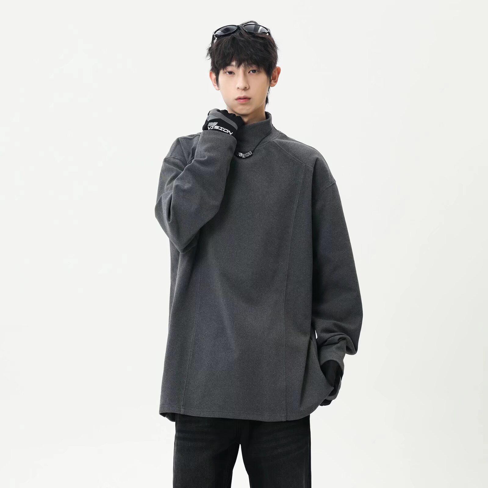 솔리드 컬러 세미 하이 넥 벨벳 긴팔 티셔츠 남성 가을 및 겨울 미국 디자인 센스 숄더 스웨트 셔츠 (베이스 탑 포함)