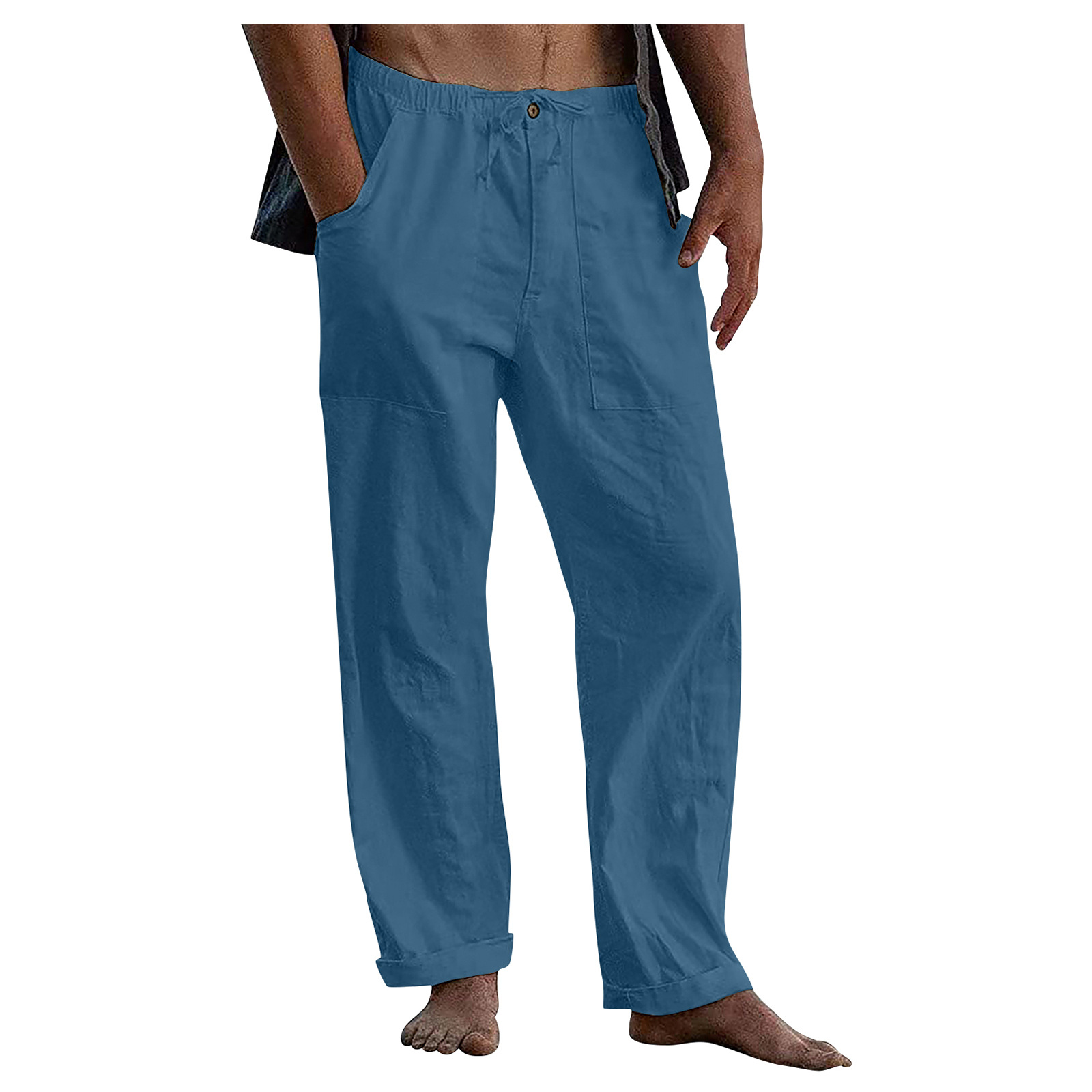 Pantalon en lin pour hommes, Yoga, plage, décontracté, taille élastique, cordon de serrage, poche de ceinture ample, été, 2024_voghion.com