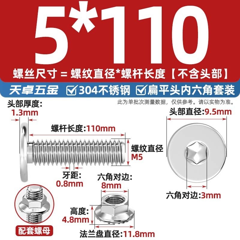 304不锈钢CM大平头超薄头C头扁平头内六角螺丝钉法兰边螺母套装M5|undefined