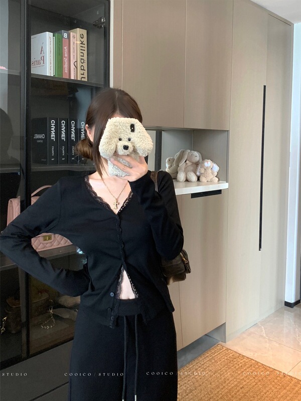 蕾丝花边拼接软糯长袖T恤女秋季2025新款通勤修身V领开衫纯色上衣|undefined