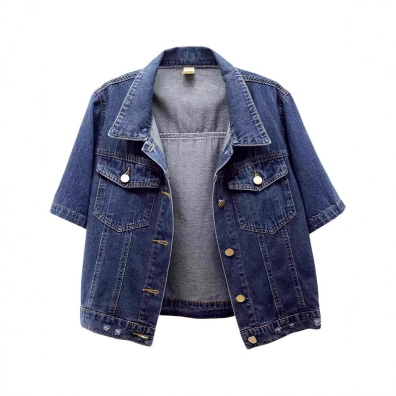 Factory Direct Sales 2025 New Short Denim Jacket Women's Short Sleeve Casual Ripped Distressed Trucker Coat