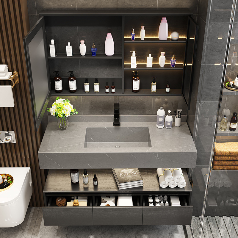 Placa de roca minimalista moderno integrado cuenca baño gabinete combinación hogar Baño lavabo inteligente espejo lateral gabinete