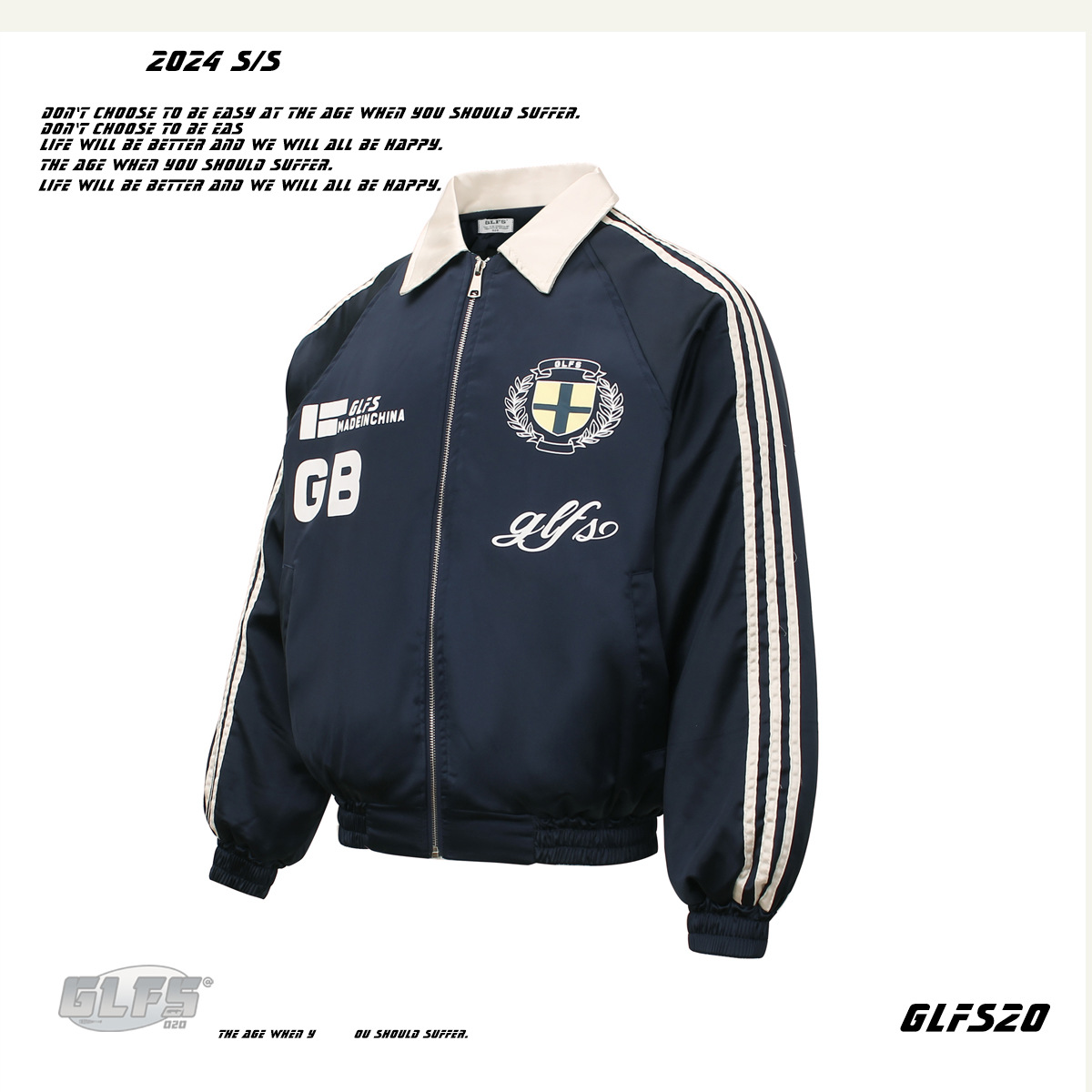 GLFS25 New American High Street Three-Stripes Color-Block Light Padded Turn-Down Collar Cotton College Style Coat Unisex_viptrois.com