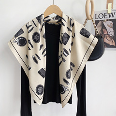 Xiaoxiang Style Camellia Twill Square Scarf Cream Apricot Color Simple and Grand European Style Multi-functional Decorative Silk Scarf for Women 