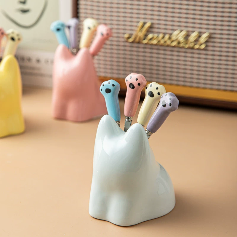 Милый котенок, креативный набор вилок для фруктов из нержавеющей стали 304, безопасная бытовая керамическая банка для хранения фруктов