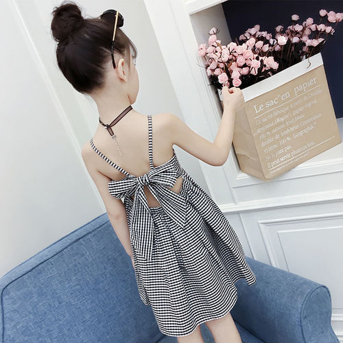Women's Summer Tank Top Dress  New Han Style Checkered Trendy Medium Child Celebrity Thin Princess Dress