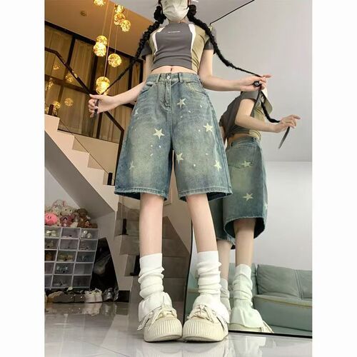 American Retro Washed Star Denim Short Pants for Women Summer Street Straight Leg Loose Slimming Wide Leg Five-Pocket Pants Trendy