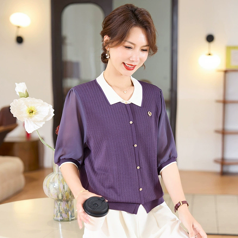 Летняя футболка с короткими рукавами и лацканами для мамы, новинка 2025 года, летние топы для женщин среднего и пожилого возраста, трикотажные топы из ледяного шелка