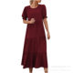 2022 Cross-border Europe and America Amazon Summer New Printed Solid Color Crewneck Short-sleeved dress Casual Pleated Large Pendulum