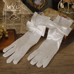 Bridal Wedding Gloves Long Satin Beautiful Bow Gloves Pearl Wedding Photo Gloves Simple Accessories Set