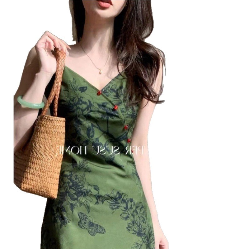 夏季新中式墨绿色高腰无袖吊带裙收腰显瘦遮肚子可爱薄款连衣裙女|undefined