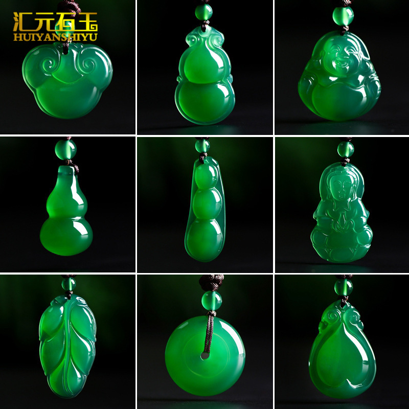 Brazilian ice-transparent green chalcedony fluorescent Guanyin Buddha pendant agate jade jade safety buckle leaf pendant live model