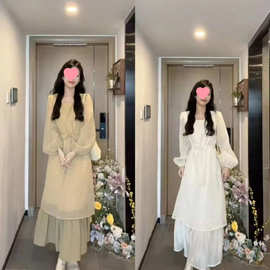 法式温柔波点拼接假两件连衣裙子女早秋2025新款长袖收腰气质长裙