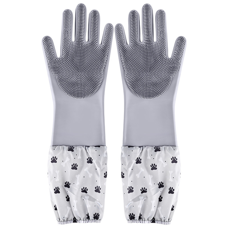 Invierno alargado guantes de lavado de platos de silicona impermeable limpieza doméstica protector de mano artefacto para mascotas cepillo de masaje de baño con gancho