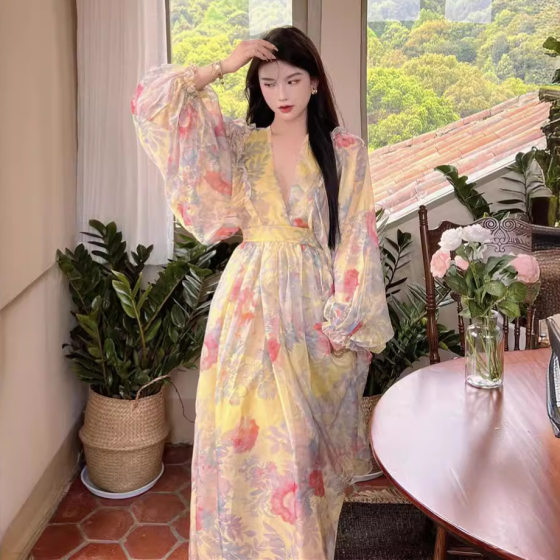 French Court Style Lantern Sleeve Yellow Printed dress Photo Long Dress Bohemian Beach Dress Women's Summer