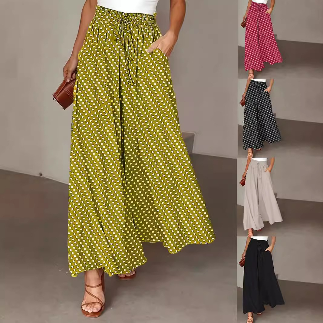 2025 Cross-Border European and American Spring and Summer Bohemian Wide-Leg Pants with Elastic Waist and Polka-Dot Printed Long Culottes for Women
