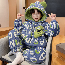 男童珊瑚绒睡衣冬季三层夹棉加厚棉袄儿童保暖法兰绒男孩大童家居
