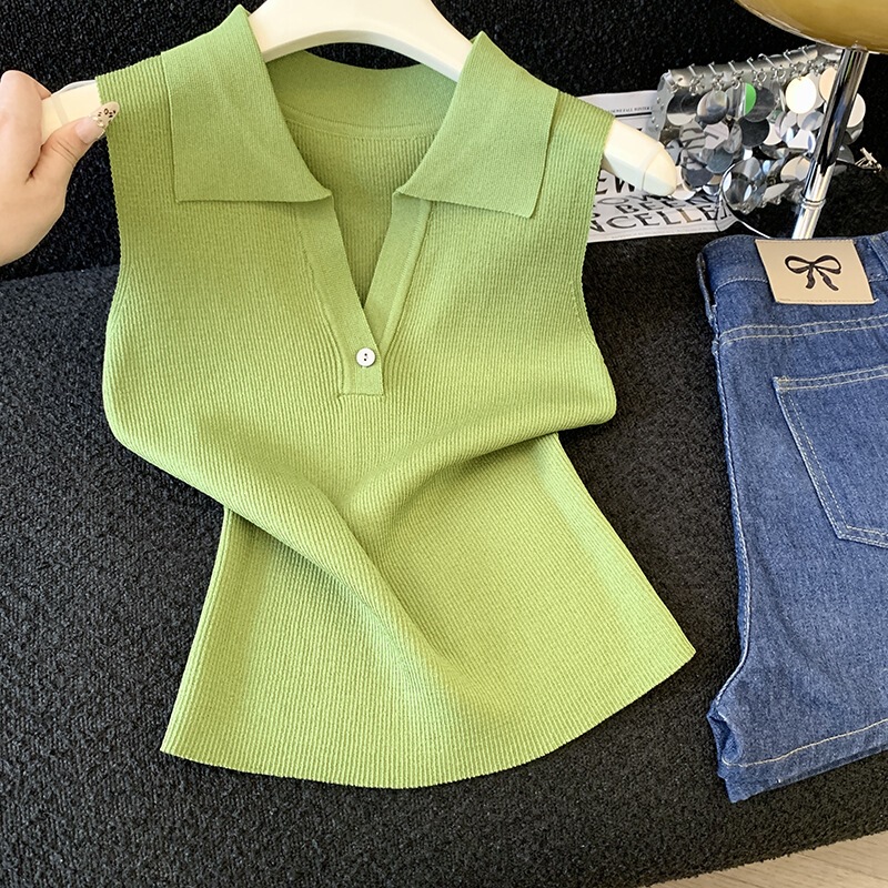 Real Shot of a Polo Collar Sleeveless Ribbed Knit Vest for Women, Summer Style, Slim Fit, Versatile, Solid Color, Fashionable Top