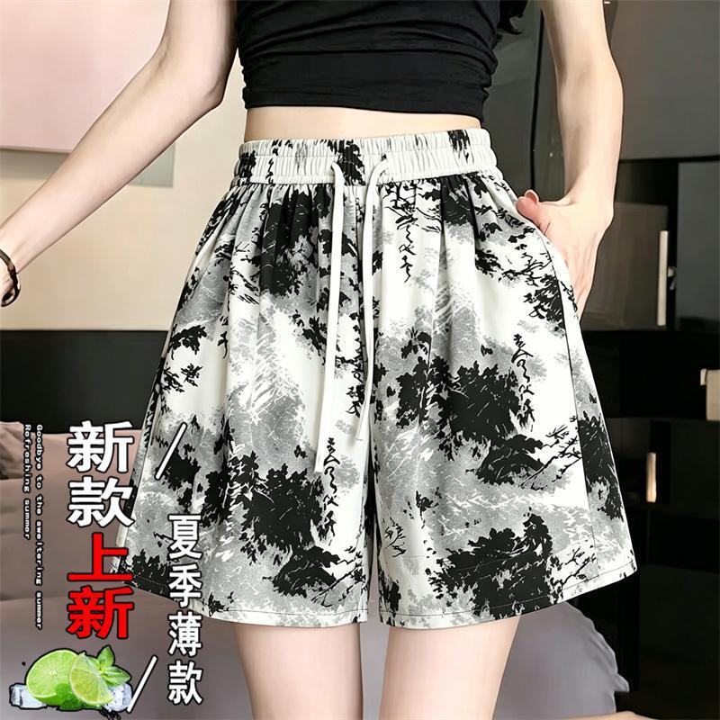 Ice silk wide-leg loose-fitting drawstring shorts, 2026 summer new floral straight-leg casual sports shorts for women Ice silk wide-leg loose-fitting drawstring shorts, 2026 summer new floral straight-leg casual sports shorts for women