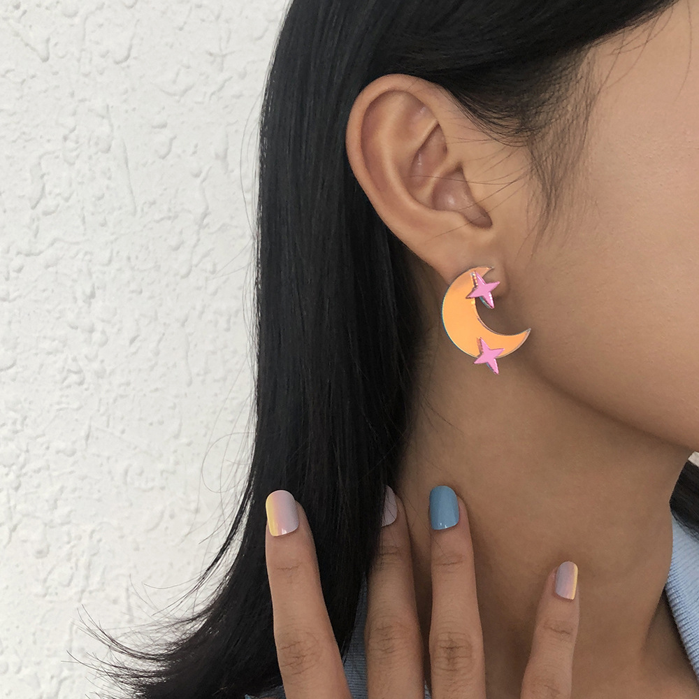 Fashion Laser Color Asymmetrical Star And Moon Stud Earrings