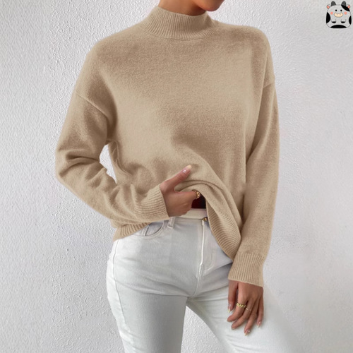 Autumn and winter semi-high collar pullover long-sleeved sweater women's fashionable solid color loose knitted top