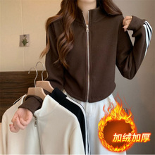 加绒加厚立领短款卫衣外套女秋冬美式小个子运动高领长袖上衣开衫