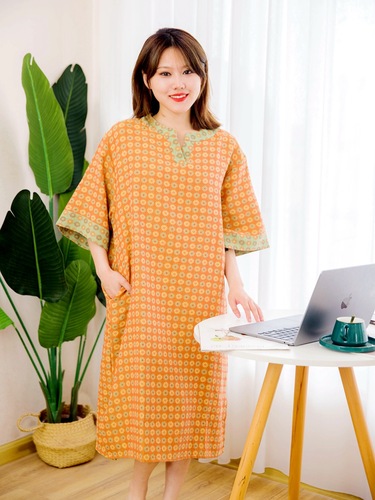 Short-sleeved V-neck skirt retro double-sided dyed woven girl summer national style dyed woven skirt mid-length home skirt 100% cotton can be worn outside