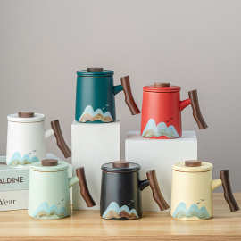 国潮陶瓷茶水分离茶杯办公杯马克杯高颜值杯子木柄水杯泡茶杯礼品