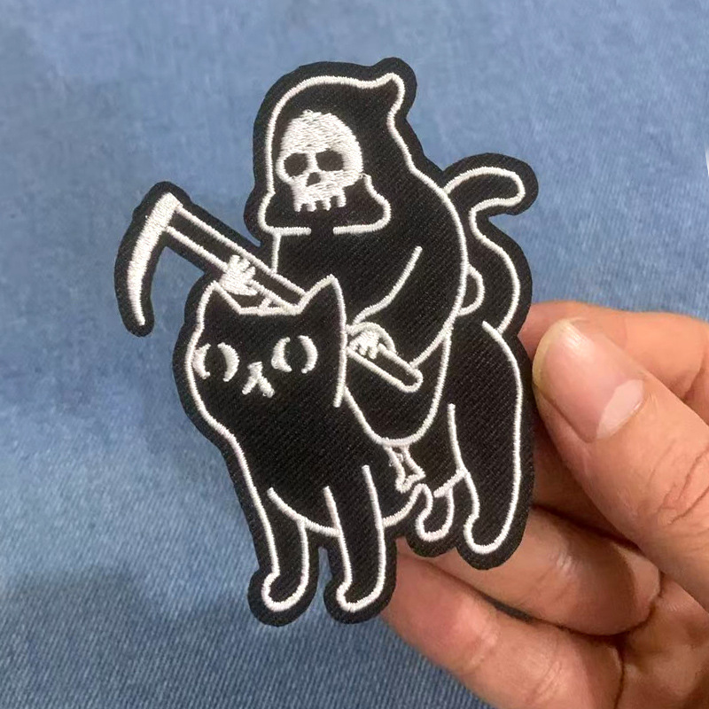 厂家直销跨境现货个性图案骑猫骷髅面具战士刺绣布贴装饰贴熨烫款