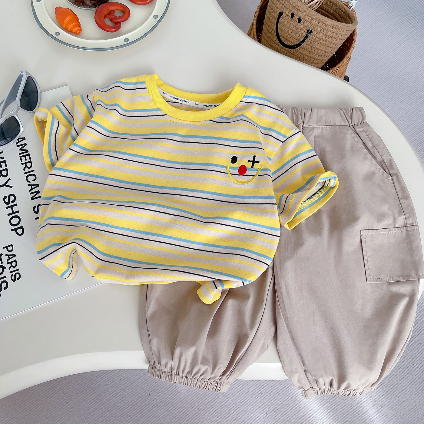 Boys' Summer Outfit 2026 New Fashionable Stylish Striped Short-Sleeve T-Shirt and Casual Long Pants for Toddlers, Pure Cotton