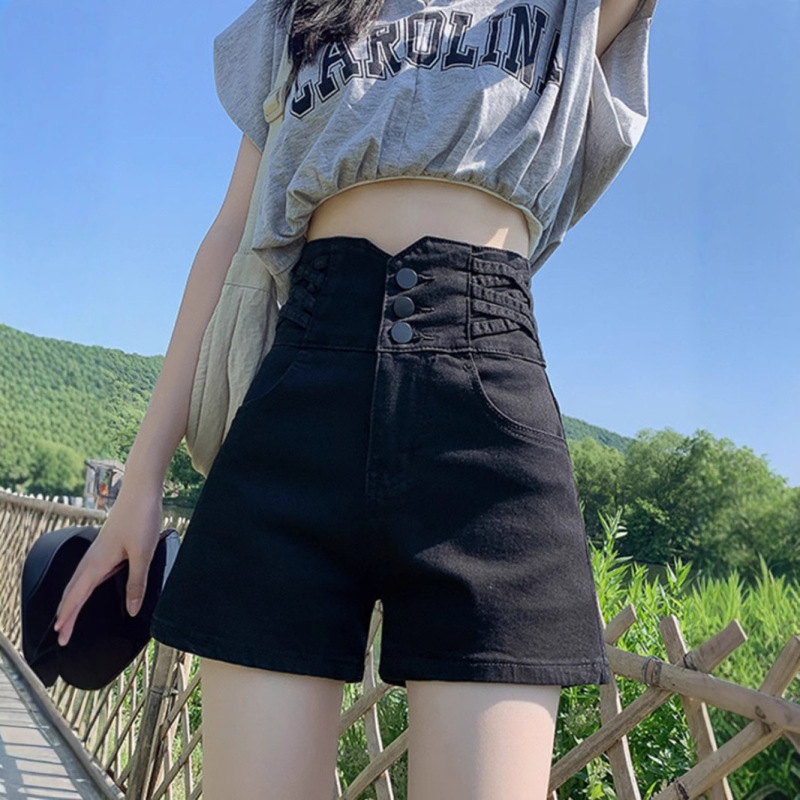 Elastic Black Denim Shorts for Women, Autumn and Winter, Plus Size, for Curvy Women, Buttoned, Tummy Control, Super High Waist, Wide Leg, A-Line Hot Pants Elastic Black Denim Shorts for Women, Autumn and Winter, Plus Size, for Curvy Women, Buttoned, Tummy Control, Super High Waist, Wide Leg, A-Line Hot Pants