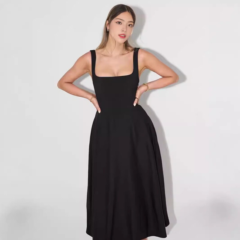2024 Summer European and American Amazon Cross-Border Trade New Simple Sexy Solid Color Strap Slim Fit Mid-Length Dress