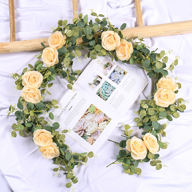 Eucalipto ratán Garland jardín arreglo de boda hojas de eucalipto Rose flor falsa simulación de arco dinero hoja de ratán