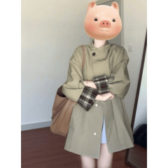 カーキ色のトレンチコート レディース 春秋 立ち襟 ミドル丈 多用途 上品 小柄さん向けコート 初秋 通勤スタイル