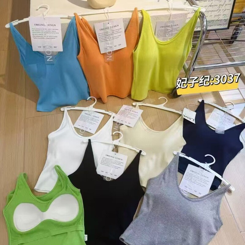 Feizi Ji 3037 Spring/Summer Macaron Color Series Large U-Neck Integrated Cup Pad Camisole Slimming Top for Women