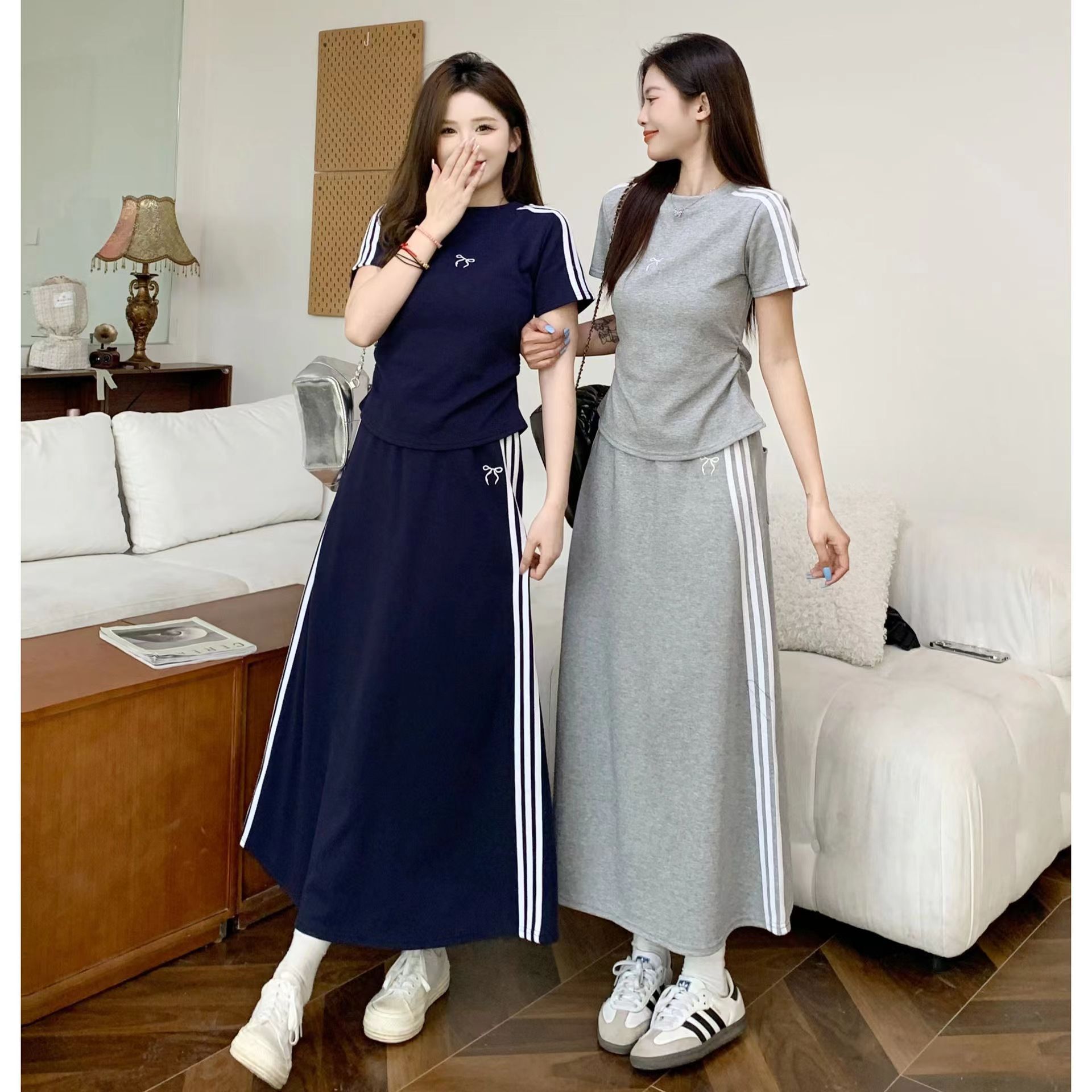 Women's Two-Piece Set 2026 Summer Korean Fashion Three-Stripe Suit Bow Short-Sleeved T-Shirt + Skirt