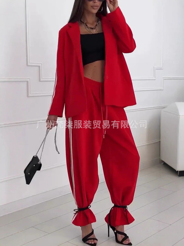 亚马逊2025欧美跨境翻领条纹夹克休闲西服外套阔腿长裤休闲套装女|undefined