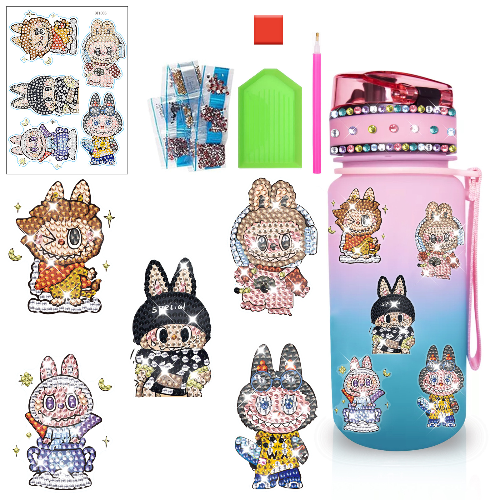 Labubu nueva etiqueta de taza de agua de pintura de diamantes hecha a mano bricolaje decoración de dibujos animados para niños tela rabu pegatinas al azar al por mayor