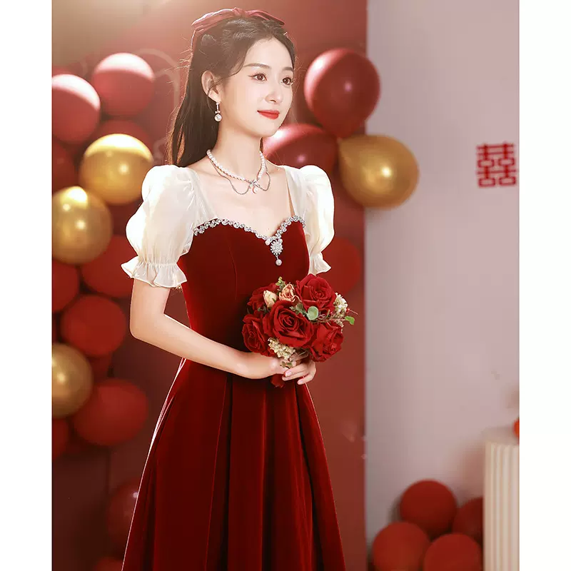 敬酒服新娘小个子法式订婚礼服女回门便装结婚红色连衣裙平时可穿
