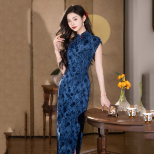 Blue Old Shanghai Republic of China Style Long Chinese Cheongsam Improved Young Style 2025 New Women's Retro Short-Sleeved Summer
