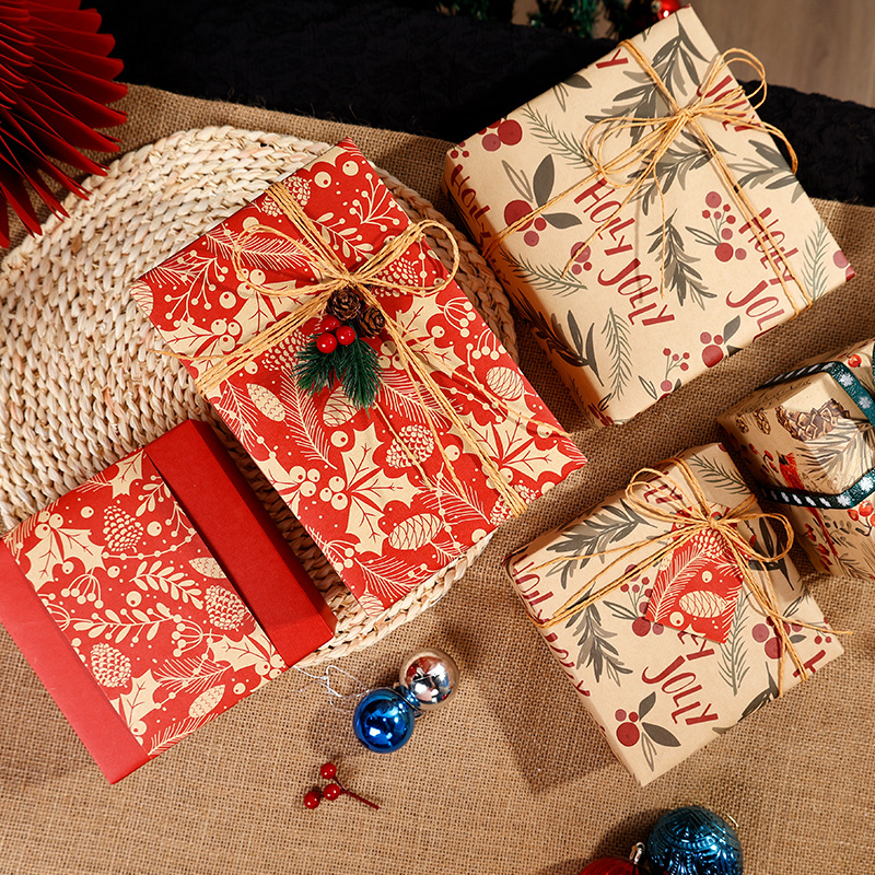 Transfronterizo Amazon gran tamaño de Navidad retro papel de papel kraft papel de embalaje de regalo de pino rojo