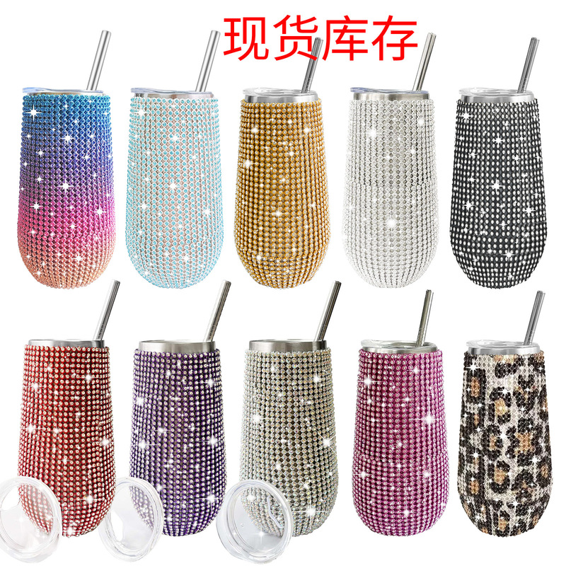 Cross-border Amazon 6oz Diamond U-shaped eggshell Cup Diamond vacuum cup stainless steel vacuum cup with straw
