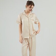 天丝睡衣夏季短袖长裤莱赛尔可外穿家居服女士睡衣套装天丝纽扣款